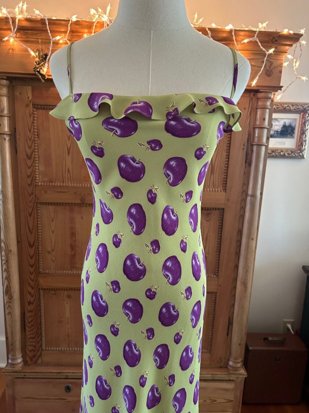Rare Vintage Betsey Johnson Rayon Gold Purple Apples Dress NWOT - Picture 2 of 12